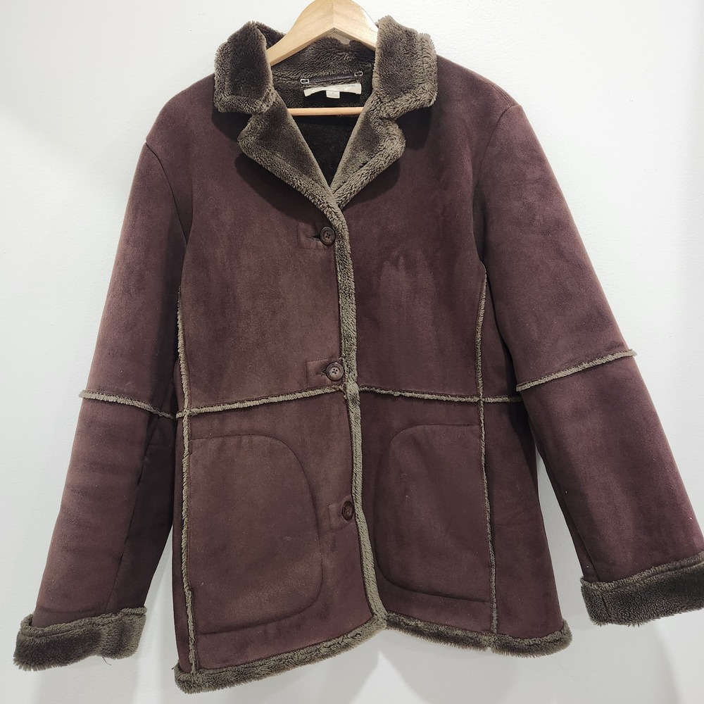 VINTAGE JONES NEW YORK FAUX SUEDE FUR LINED WOMENS COAT SZ LG